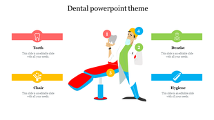 Illustration of a dentist with a dental chair surrounded by colorful labels in red, green, yellow, and blue.