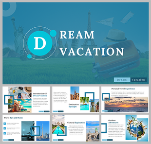 Vacation slide deck with iconic travel images covering topics like travel tips and cultural exploration with text.