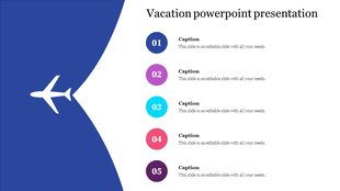 Vacation themed PowerPoint slide with numbered sections and an airplane icon with captions on a split backdrop.