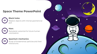 Astronaut illustration in space with bullet points about black holes, Mars, and quantum mechanics on a purple background.