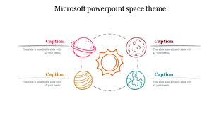 Space themed Microsoft PowerPoint template with planets and the sun, each with caption spaces and icons.