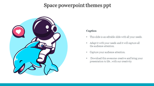 PowerPoint slide with a cartoon astronaut on a dolphin, set in a space theme with text areas.