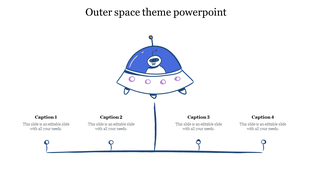 Illustrated flying spaceship with a smiling astronaut, linking to four evenly spaced captions through a blue line.