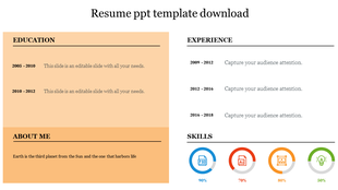 Resume template with timeline entries showing education history to four colorful skill charts labeled 90% to 50%.