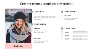 Resume template featuring a photo, descriptive sections, and visualized language skill bars for Spanish, French, and English.