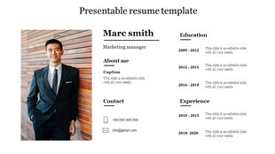 Resume slide with a photo on the left, and sections for name, about, contact, education, and experience on the right.