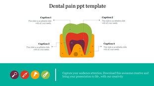 Tooth cross-section in green, red, and yellow with labeled captions, and a green footer with dental icons and text.