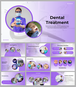 Dental treatment slides covering various procedures with text descriptions on a Vilot theme.