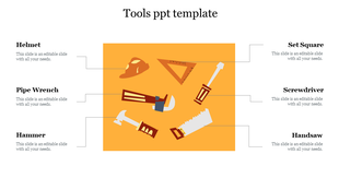 Flat tool illustrations like helmet, wrench, and handsaw on orange background, with captions linked by connector lines.