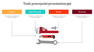 Slide with four tool illustrations at the bottom, each linked by dashed lines to labels in orange, teal, red, and maroon.