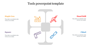 Illustration of four tools staple gun, hand drill, square, and chisel, arranged around a central cross.