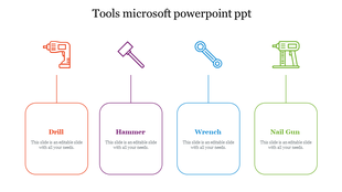 Minimalist tool-themed slide showing colorful icons for drill, hammer, wrench, and nail gun with caption areas.