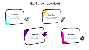 Four hand drawn rectangular frames with accents and icons: paper plane, pencil, puzzle, and gear, each with caption.