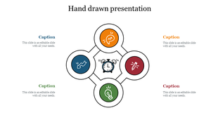 Hand drawn style PowerPoint slide with colorful icons for growth, clock, pencil, and lightbulb, each with captions.