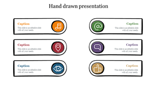 Hand drawn style PPT slide featuring icons for music note, email, location, chat bubble, eye, and thumbs up with captions.