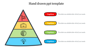 Hand drawn pyramid with icons for ideas, globe, briefcase, and flag, each linked to matching color captions on the right.