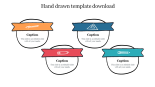 Hand drawn PowerPoint template with colorful icons for pencil, ruler, and crayon, each with caption placeholders.