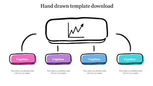 Hand drawn infographic with a central chart icon above four rounded caption boxes in pink, purple, blue, and teal.