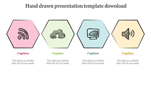 Hand drawn slide with four pastel hexagons in pink, green, blue, and yellow, each containing an icon and a caption below.