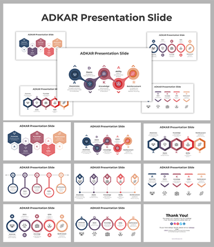 ADKAR slide templates featuring multiple formats like step diagrams, icons, and flowcharts for each ADKAR component.