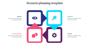 Scenario planning PowerPoint slide with icons representing define, Explore, communicate, and create in vibrant colors.