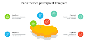 Paris-themed infographic showing a yellow map with icons representing landmarks and activities, connected to caption areas.