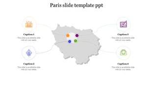 Paris map slide with four colorful sections for presenting information on various landmarks or topics with icons.