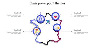 Paris-themed slide featuring icons of the Eiffel Tower, wine, a windmill, and a map pin on a colorful outline of France.