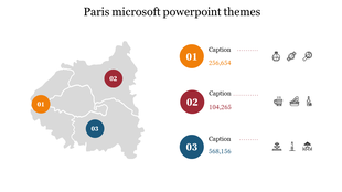 Gray map of Paris with three circular numbered markers in orange, red, and blue, each with captions, icons and data.