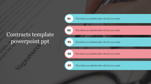 PowerPoint slide featuring a contract document with placeholder text sections labeled for signatures.