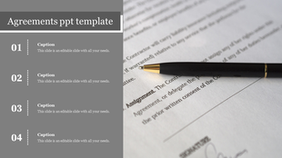 Agreement themed slide with four numbered captions on a gray panel beside a close up of a pen resting on a contract document.