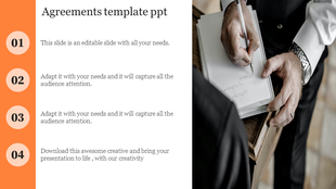 Agreement slide with an orange left panel, featuring four numbered circles, text descriptions, and a formal signing image.