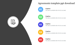 Agreements layout with left-side icon in circular frame and five rounded color markers numbered 01 to 05 aligned vertically.