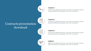 Contracts presentation template with four sections for captions and icons representing agreements and documents.