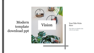 Slide with a stylish room image, featuring round wall shelves, green plants, and gray decorative lines.
