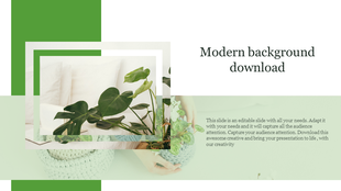Modern slide design featuring stacked photo frames with green plants on the left and text area on the right.