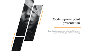 Modern layout with diagonal black and white portrait strips on the left and minimal text with orange accents on the right.
