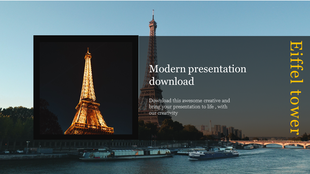 Split view slide with Eiffel Tower images at night and day, text box overlay, and vertical yellow title on the right.