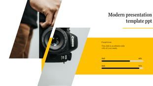 Modern slide with angled photo of a camera and hand on the left, and a yellow panel on the right showing skill bars and text.