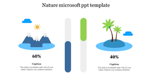 Slide with blue and green elements showing mountains and an island alongside percentage and captions with vertical bars.