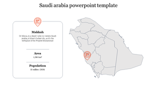 Slide showing Makkah on the Saudi Arabia map, alongside a detailed information box about its area and population.