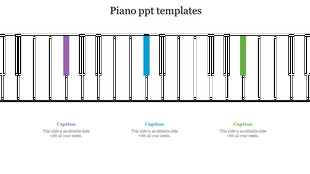 A piano keyboard with colored keys, featuring purple, blue, and green highlights in a horizontal layout.