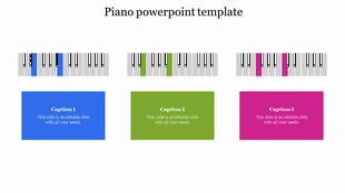 Three piano keyboard visuals in blue, green, and pink with corresponding colored text boxes beneath each.