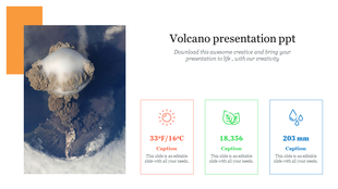 Slide featuring a volcanic eruption image, three data boxes in red, green, and blue, and a heading on the right.
