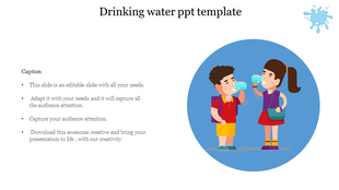 Slide featuring two animated children drinking water, set against a blue circular background, with text and bullet points.