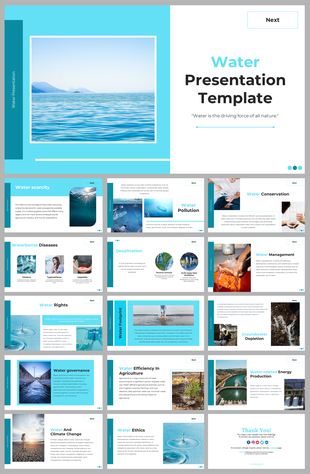 Slide deck with light blue accents, featuring water imagery, discussing scarcity, pollution, and conservation.