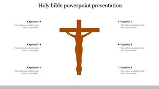 Holy Bible slide featuring a cross with Jesus figure, surrounded by editable caption areas.