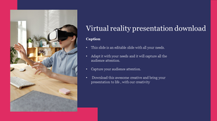Virtual reality themed PowerPoint slide with a child using VR goggles, accompanied by content space.