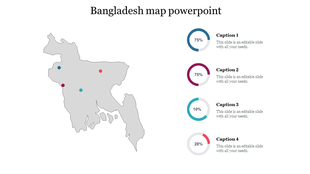 Gray map of Bangladesh with four colored points, paired with percentage pie charts and captions on the right.