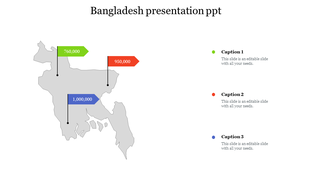 Bangladesh map in gray with green, red, and blue flag markers showing population data and captions to the right.